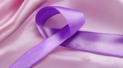 A close-up of a neatly looped purple ribbon resting on a pastel-toned background, symbolizing cancer awareness for World Cancer Day.