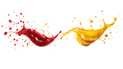 delicious ketchup and mustard splashes cut out on white background