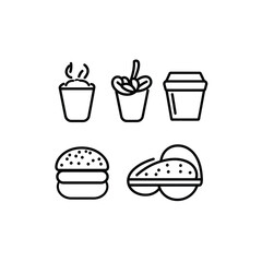 Minimalist Outline Icons Coffee, Smoothie, Burger, Sandwich on Transparent Backdrop
