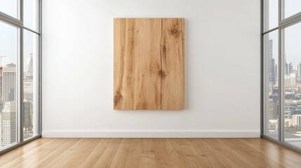 Modern Office Interior Mockup  Wooden Panel on White Wall  City View