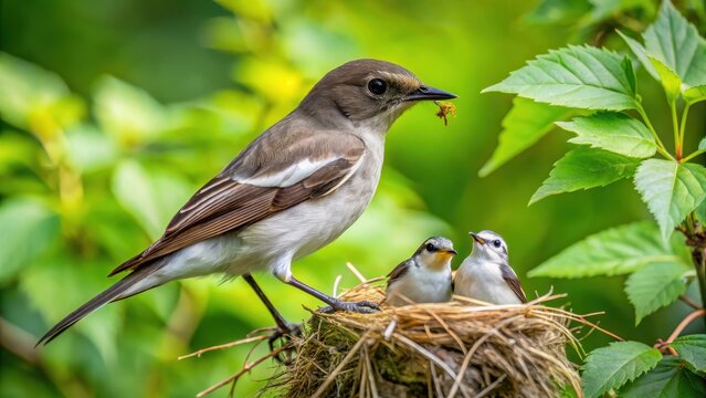 A pied flycatcher female feeding chicks in a nest made of twigs and grasses with the nest partially exposed amidst foliage, pied flycatcher, eggs