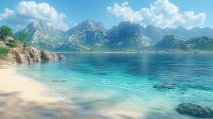 Serene beach, clear blue water, distant mountains under a sunny sky