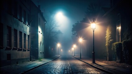 Dark street illuminated by a single dim light source amidst thick fog, dark, fog,  dark, fog