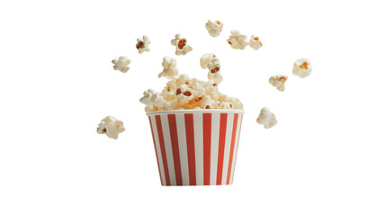 delicious popcorn flying out from bucket on white background