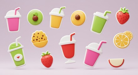 Playful 3D Render: Vibrant Smoothies and Fruit Delight AI Generated