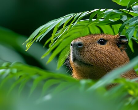 Capybara peeking through lush foliage (1)