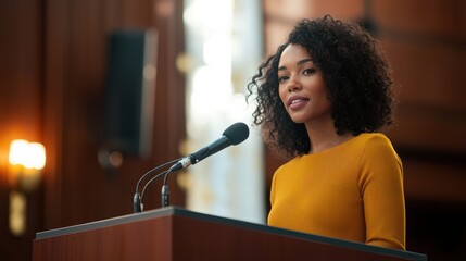 A woman standing confidently at a podium delivering a speech