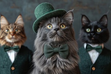 Three cats in green suits and bow ties, one wearing a top hat, look upward
