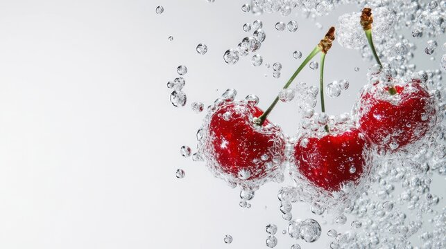 Fresh cherries submerged in water with bubbles