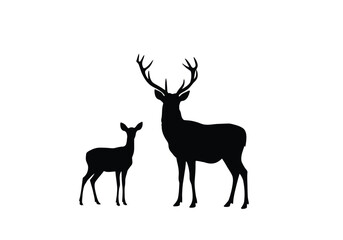 Obraz premium Stag and doe silhouette. This image shows a stag and doe in silhouette form, highlighting the majestic antlers of the stag and the graceful posture of the doe. Vector clipart illustration design.