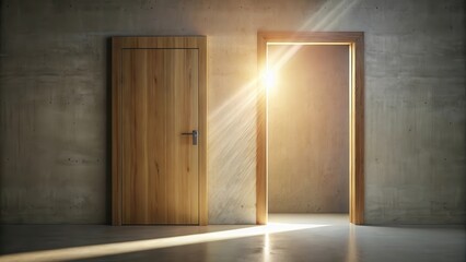Fototapeta premium A single wooden door with a small opening, allowing natural light to pour in and illuminate the space outside , beam, building