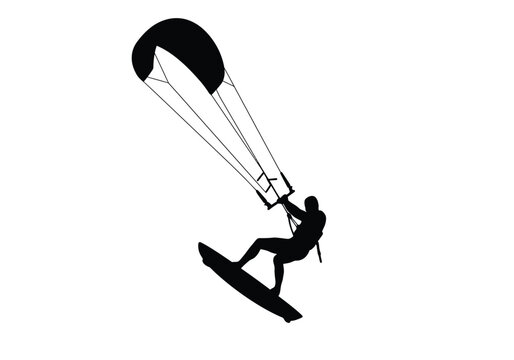Kite surfer silhouette. This image features the dark outline of a kiteboarder riding ocean waves, emphasizing speed, agility, extreme sports, and wind-powered movement.  clipart illustration design.
