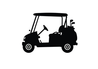 Golf cart silhouette. This image features the dark outline of a compact golf vehicle,  open-frame design, small wheels, and functionality for course transportation.  clipart illustration design.