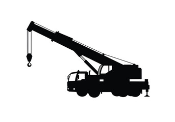 Crane truck silhouette. This image features the dark outline of a mobile crane truck, long boom, heavy-duty structure, and role in lifting and construction tasks.  clipart illustration design.