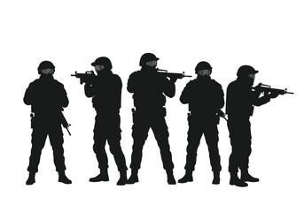 SWAT team silhouette. This image depicts armed tactical officers in formation, symbolizing law enforcement, special operations, high-risk interventions, urban security.  clipart illustration design.