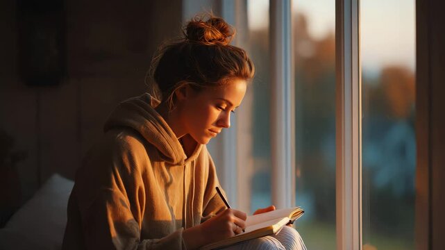 a woman intently writing in a journal while bathed in soft, natural light by a window, capturing a moment of reflection