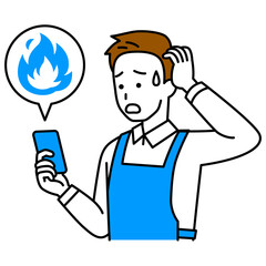 SNSが炎上して困惑しているエプロン姿の男性（スマートフォン）