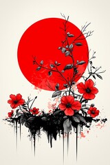 Red flowers, black ink, sun, art