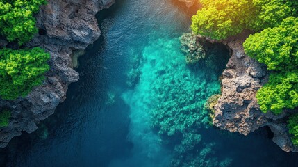 Azure cove, vibrant coral, lush jungle