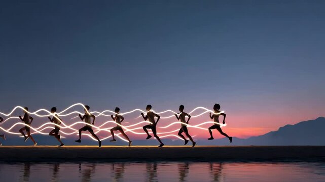 dynamic runners moving at high speed across a breathtaking landscape under a beautiful sunset sky, showcasing their athleticism and determination