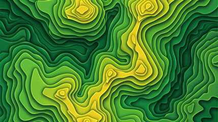 Abstract topographic map background with layered green and yellow paper cut style terrain design
