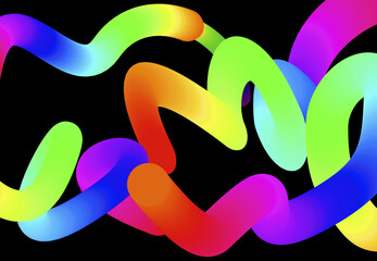 Vibrant and smooth neon light trail in a spiral shape against a dark black background. The glowing line transitions through a spectrum of colors, including red, pink, purple, blue, cyan, green, and ye