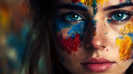 Obraz premium Artist's Face with Paint Smudges: Portrait of an artist's face, with paint smudges on cheeks and a creative, thoughtful expression, set in an art studio. 