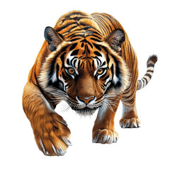 A tiger is walking on a white background. The tiger is looking at the camera with its eyes wide open. The tiger's fur is orange and black, and its paws are visible as it walks © easybanana