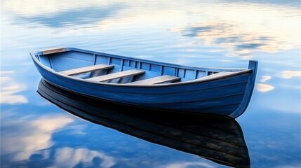 Minimalistic web banner with copyspace showcases a rowboat on calm blue water, embodying peace and serenity in a flat design with an empty place for custom content.