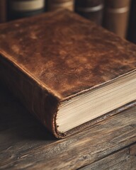 Obraz premium Aged leather-bound book rests on wooden surface