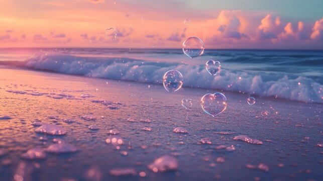 Beach sunset with floating bubbles
