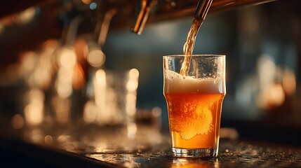 Beer pouring into glass with a warm golden glow
