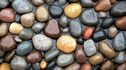A close-up of wet pebbles with a reflective surface in a river