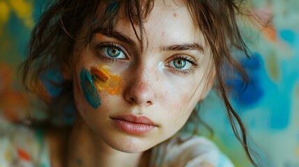 Obraz premium Artist's Face with Paint Smudges: Portrait of an artist's face, with paint smudges on cheeks and a creative, thoughtful expression, set in an art studio. 