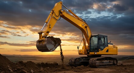 Bright Yellow Excavator at Sunset with Orange Blue and Gray Sky Dramatic Backdrop