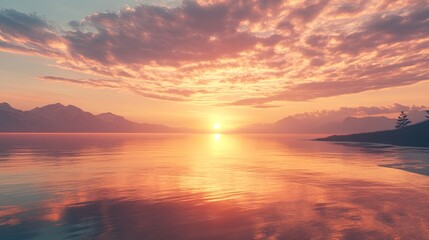 Beautiful sunrise over calm beach waters.