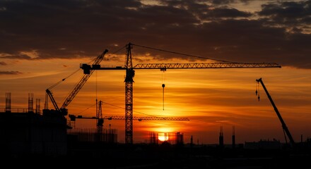 Fiery Orange Sunset Silhouetted Construction Site with Cranes Gently Shifting Gears Telephoto Lens Captures Urban Growth and Industry