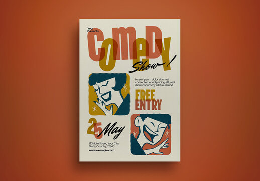 Peach and Brown Mid Century Comedy Show Flyer Layout