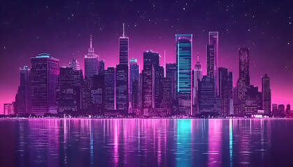 Vibrant neon cityscape at night, reflecting in calm water.  Perfect for futuristic, retro, or technology themed projects.