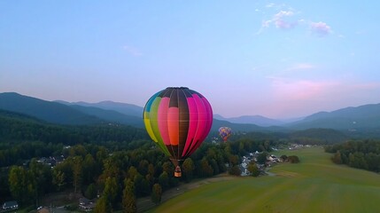 Obraz premium Ultra sharp aerial shot of vibrant colorful hot air balloon drifting over green rolling fields bright blue sky lively vivid celebration