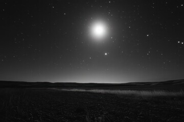 Celestial alignment scene: full moon, bright starfield, dark landscape outline
