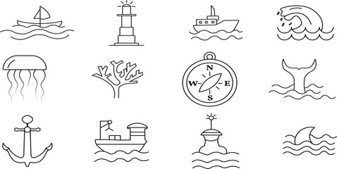 Line icon set of  sea creatures, sailing, underwater exploration, sailboat, lighthouse, ship, anchor, compass, coral reef thin linear illustration. Marine Life.