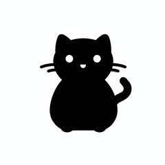 A simple black silhouette of a cute, plump cat with wide eyes and whiskers. It has a small, curled tail