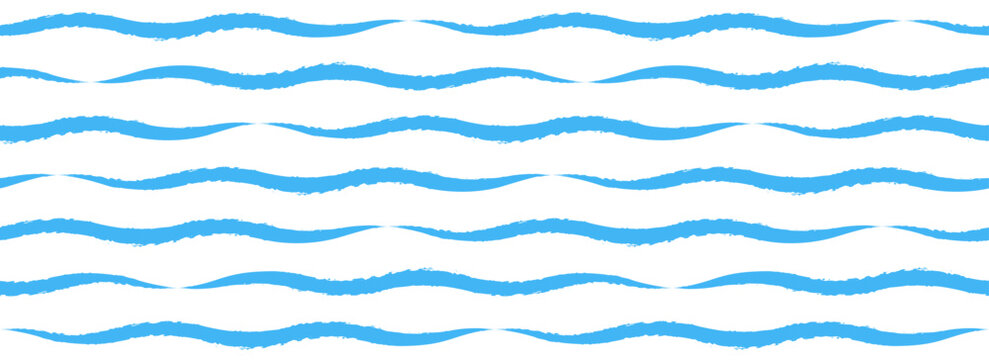 Blue wave seamless pattern. Repeated sea water line background. Watercolor paint brush stroke wallpaper. Summer cruise collection ornament for textile, fabric, decoration. Vector curve wiggle stripes