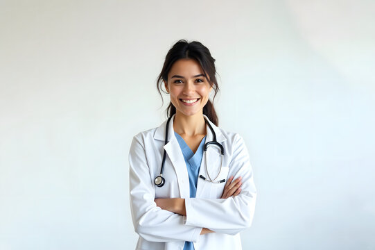 Female doctor smiling with arms crossed on white background