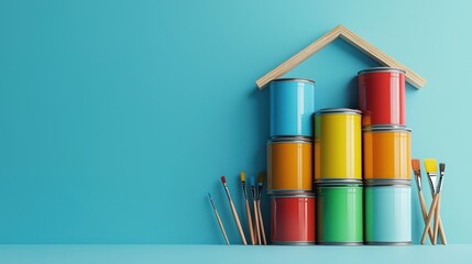 Paint cans arranged creatively in the shape of a house with brushes nearby
