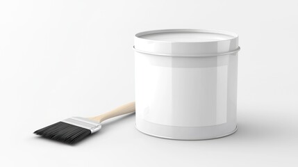 A white-labeled paint can with a matching brush placed next to it
