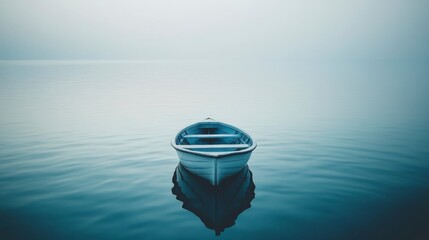 Calm blue water features a rowboat symbolizing peace and serenity in a minimalistic web banner design, offering copyspace for text or logos in a flat, empty layout.