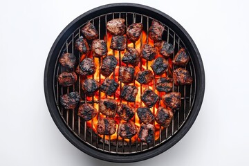 Round grill with small meat chunks cooking over flames