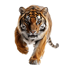 Fototapeta premium A tiger is walking across a white background. The tiger is the main focus of the image, and it is in motion. The white background creates a sense of contrast and emphasizes the tiger's presence